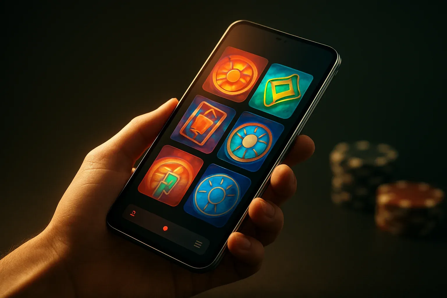 Hyperrealistic Android smartphone showing premium casino app interface in dramatic lighting