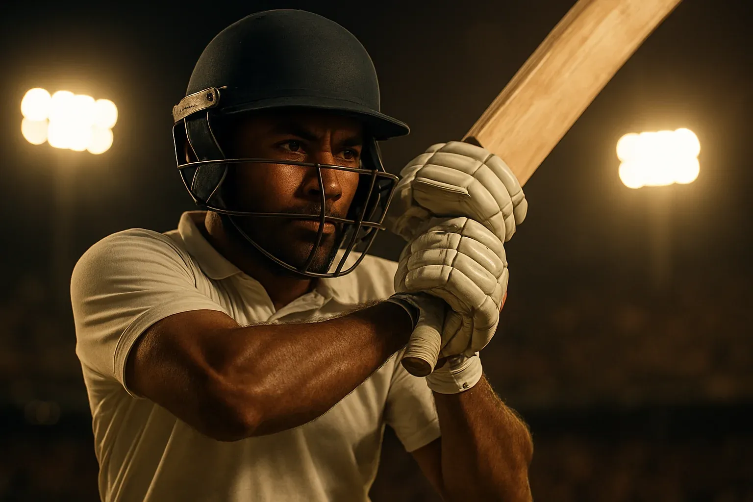 Bangladeshi male cricket batsman in white kit mid-swing under stadium lights