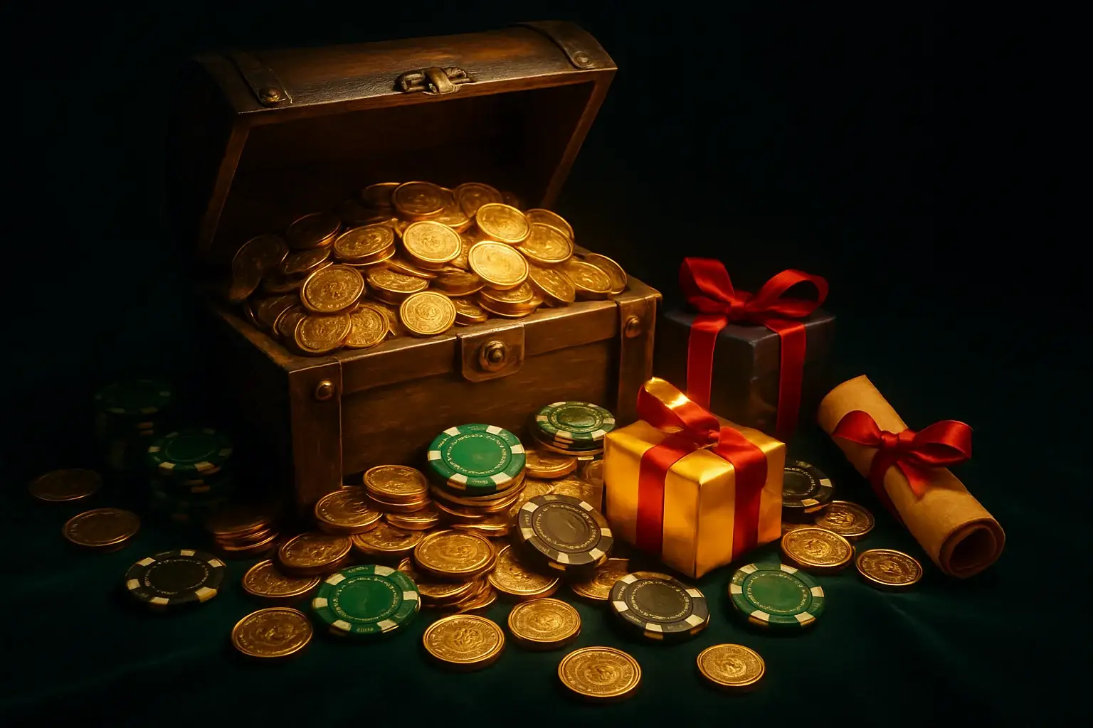 Overflowing treasure chest with coins, casino chips, vouchers, and glowing gift boxes