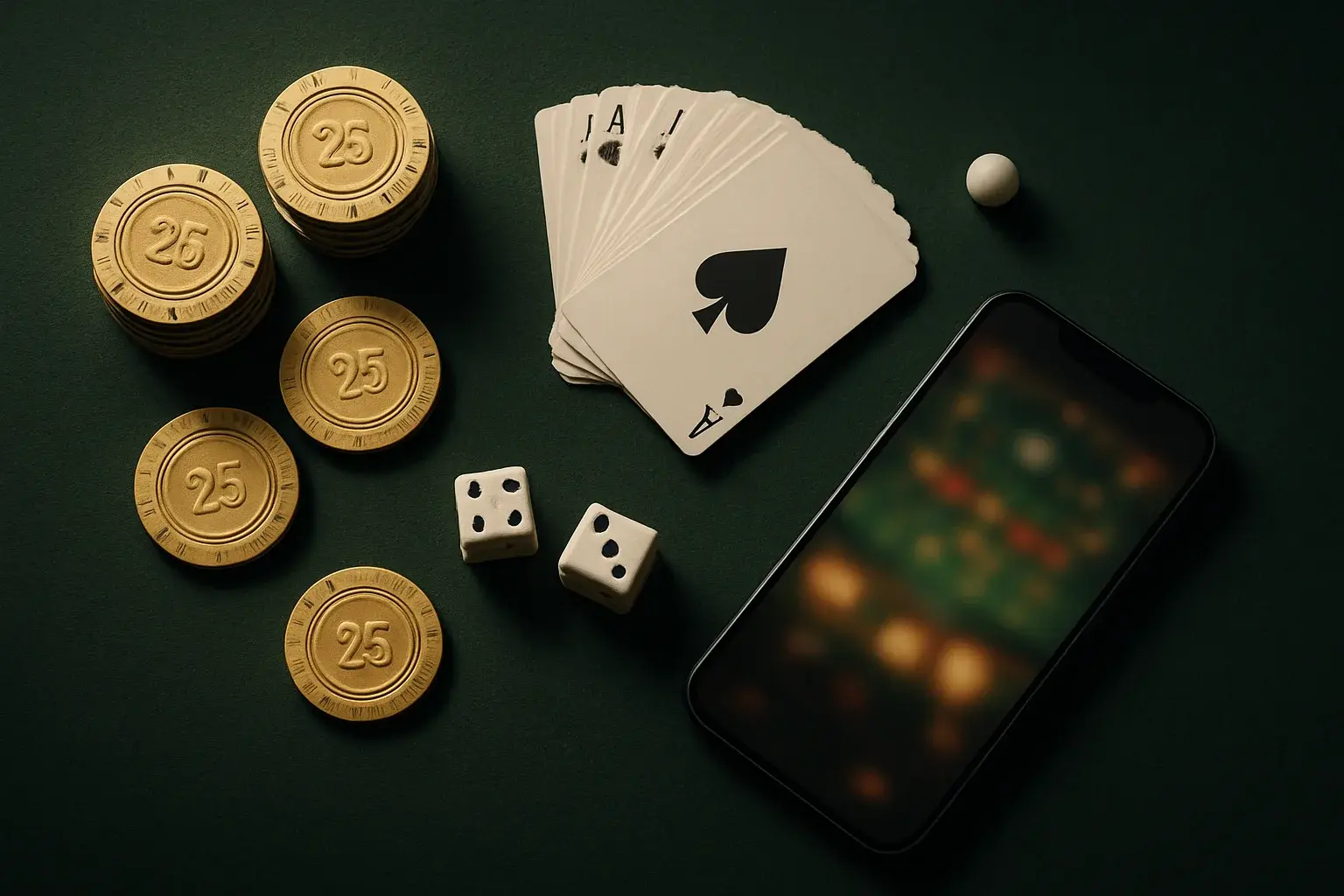 Top-down casino table with gold chips, cards, dice, roulette ball, smartphone