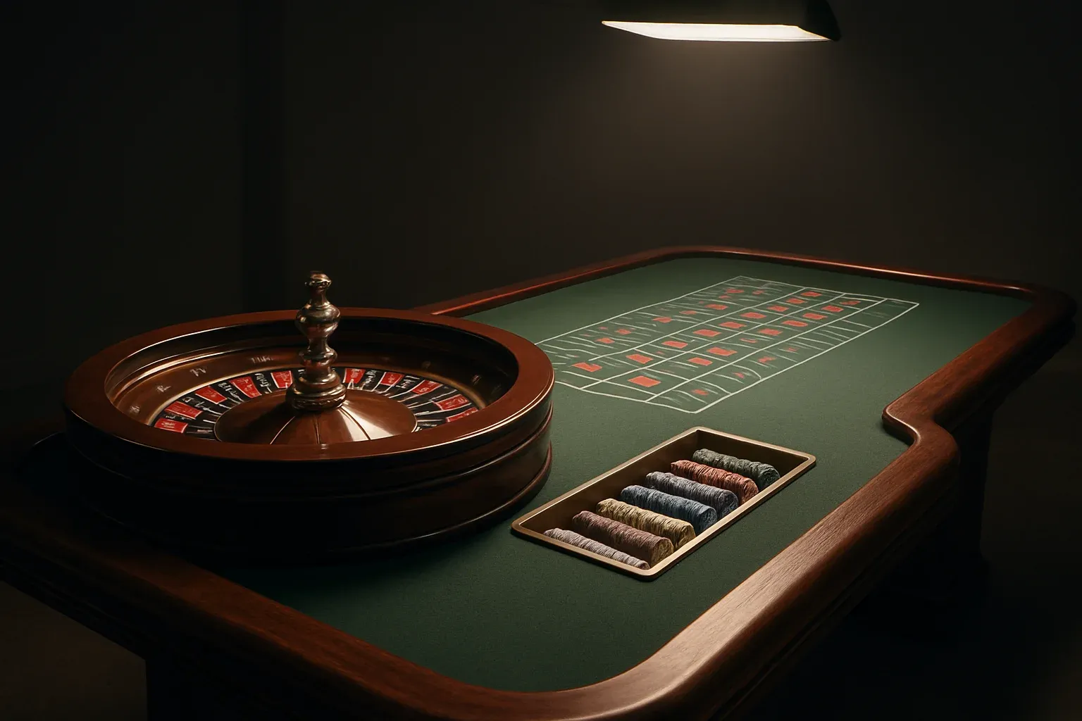 Hyperrealistic live casino studio with empty roulette table and dramatic lighting