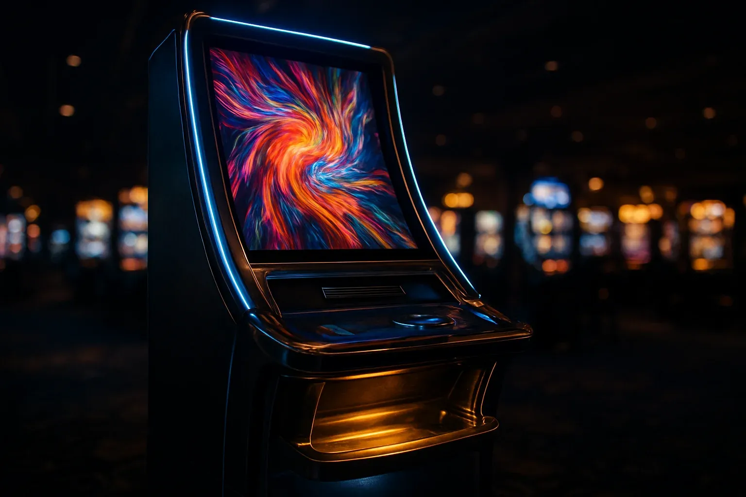 Hyperrealistic premium slot machine glowing in dark luxury casino floor
